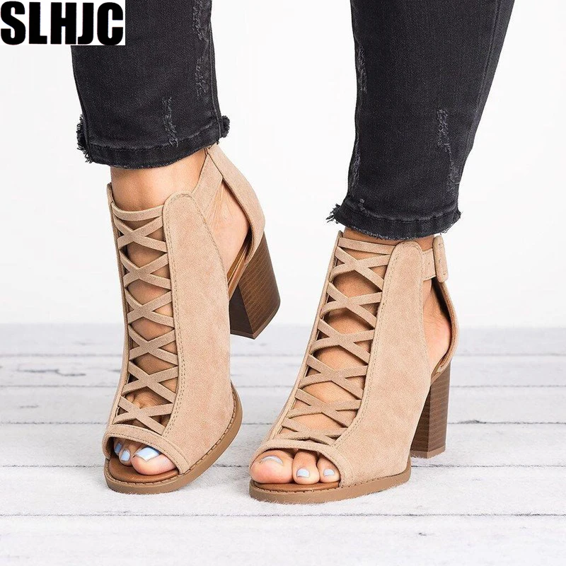 Womens Peep Toes Ankle Strap Boots Sandals Zipper Chunky Block Heels Work Shoes