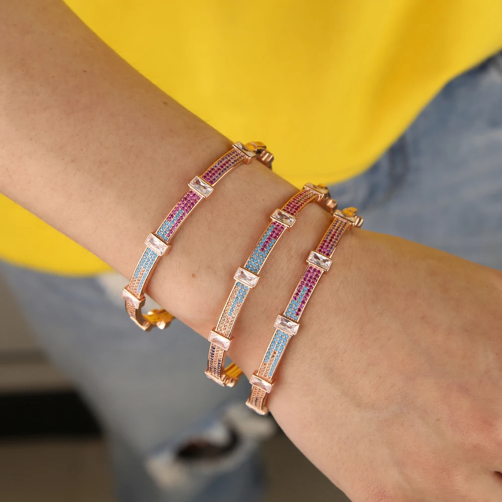 

2019 summer new rose gold color blue red white baguette cubic zirconia cuff bangle bracelet for women luxury fashion jewelry