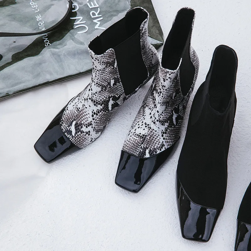pattern A Patrón Negro Zapatos Invierno Botas Serpiente snake La Resbalón Clásico Moda En Pie Black Del Mujer Cuadrado Tacones Sexy Dedo De aq15w7