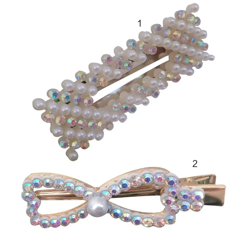 

Korean Metal Alloy Geometric Hair Clip Women Faux Pearl Bowknot Duckbill Hairpins Rainbow Rhinestone Rectangle BB Snap Barrettes