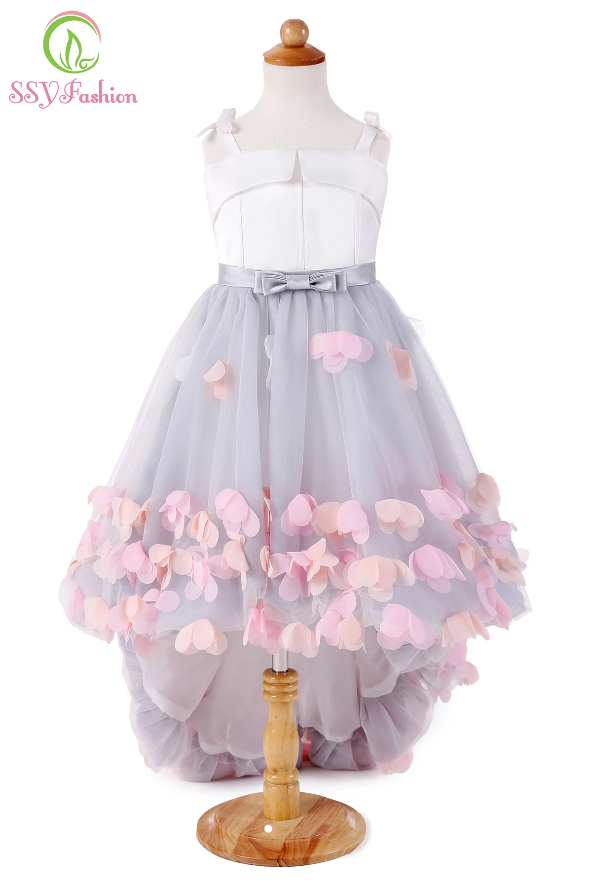 SSYFashion/новые милые Свадебные Платья с цветочным узором для девочек, короткие спереди и Длинные Сзади атласные вечерние платья с тюлевой аппликацией на бретельках Bll - Цвет: grey