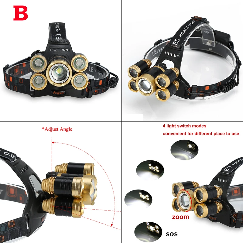 Anjoet высокой мощности Фара 5 чип XM-L T6 светодиодный Масштабируемые фара фонарик Факел Lanterna голову открытый свет кемпинг