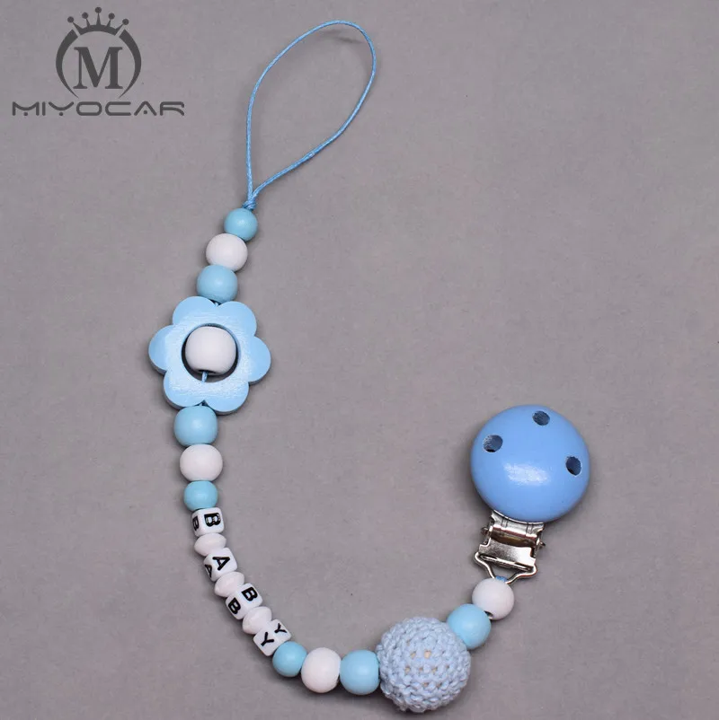 

Personalised -Any name lovely light blue flower and wooden beads dummy clip holder pacifier clips soother chain teether clip