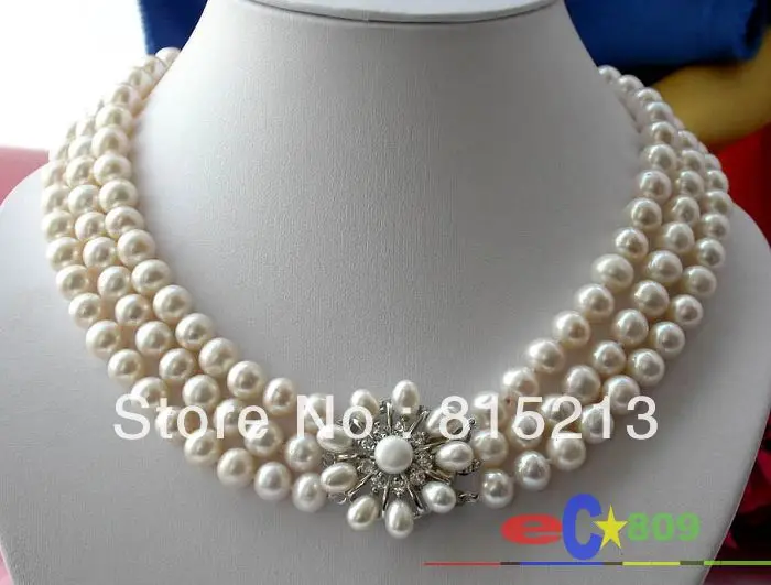 

FREE SHIPPING 3ROW 9-10MM WHITE ROUND FW CULTURED PEARL NECKLACE new new NEW