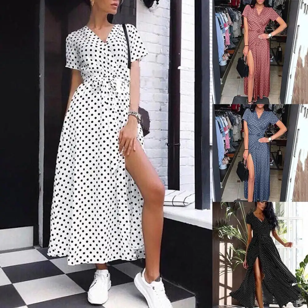 

Summer Dress 2019 women Bohemian Sexy Polka Dot Print Dress with Slim Casual Beach Party long Dress s s11