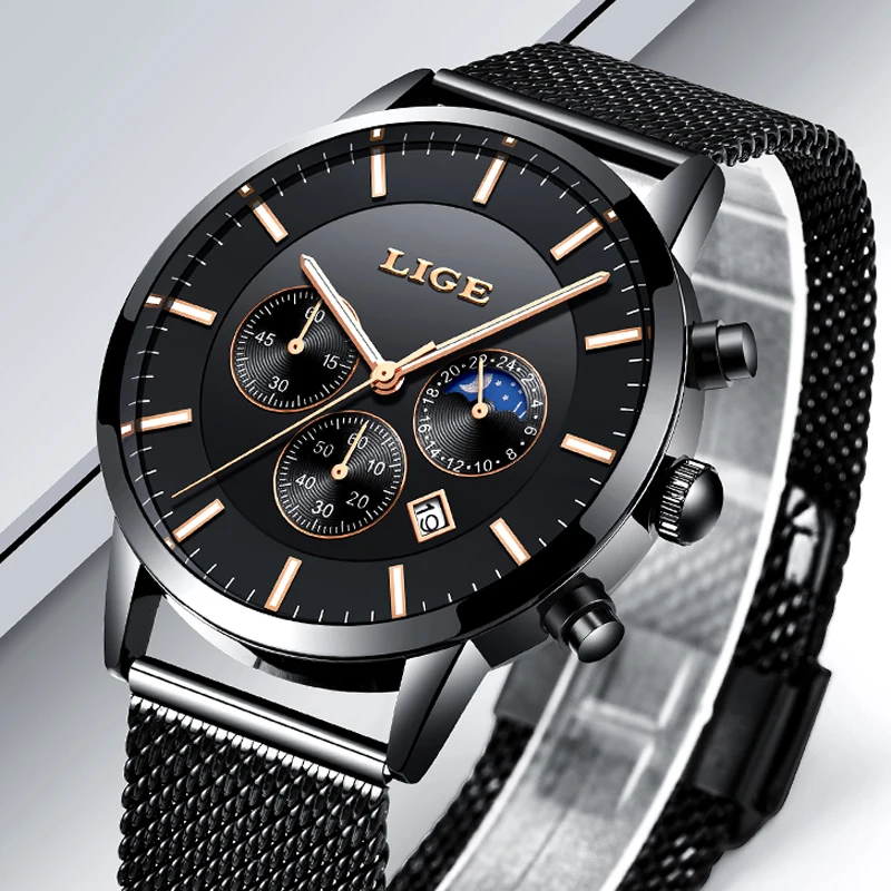 Watch Men New LIGE Mens Watches Top Brand Luxury Quartz Wristwatch Men Full Steel Grid Casual Strap Waterproof Sport Chronograph