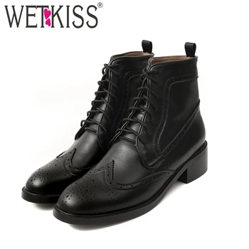 

WETKISS Autumn Genuine Leather Ankle Boot Women Round Toe Footwear Chunky Heels Shoes 2018 New Lace Up Female Motorcycle Bootie