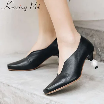 

2019 hot salling cuts-on genuine leather classic square toe pearl high heels vintage square toe slip on dress career pumps L02