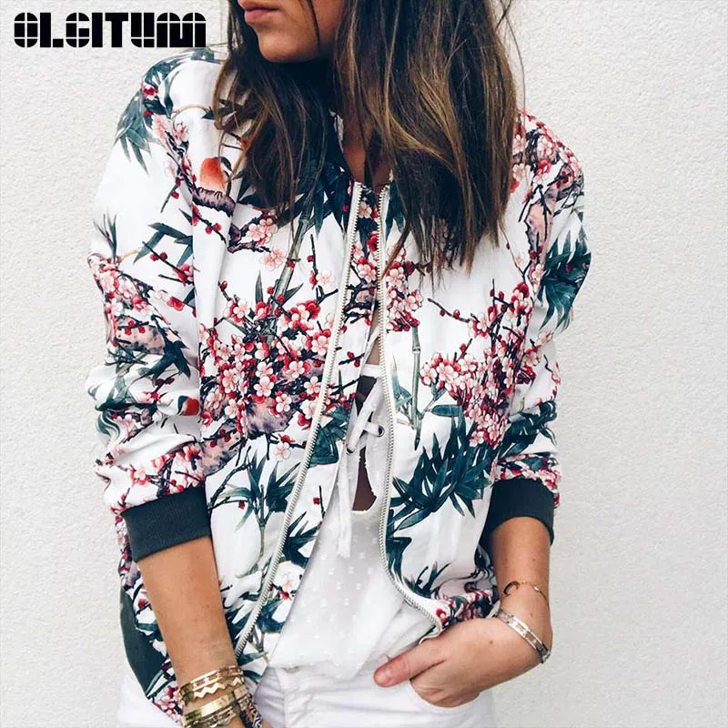 

New 2019 Female Spring Jacket Fashion Street Cool Girl Patty Floral Print 0-Neck Zipper Long Sleeve Jacket JK714