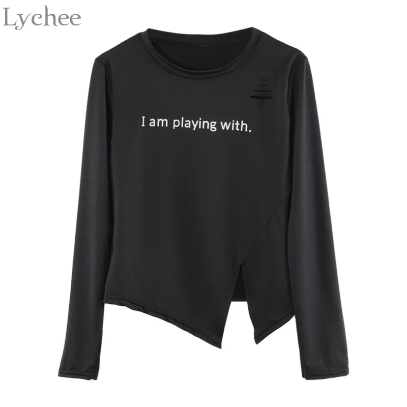 Lychee Sexy Women T Shirt Letter Print Hole Split Irregular Long Sleeve Slim T-shirt Spring Autumn Tee Top | Женская одежда
