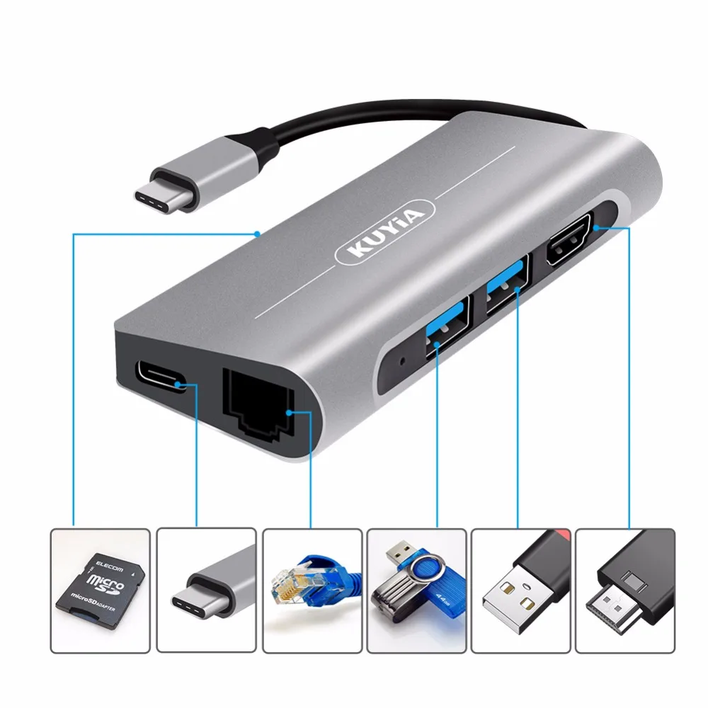 USB концентратор KUYiA 7 в 1 алюминиевый многопортовый адаптер Type C с портом (только