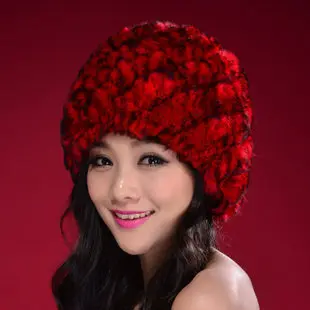 Новинка, женская теплая вязаная шапка из меха кролика Рекс, шапка из натурального меха Beadgear, головной убор в полоску, модная женская зимняя шапка - Цвет: Red