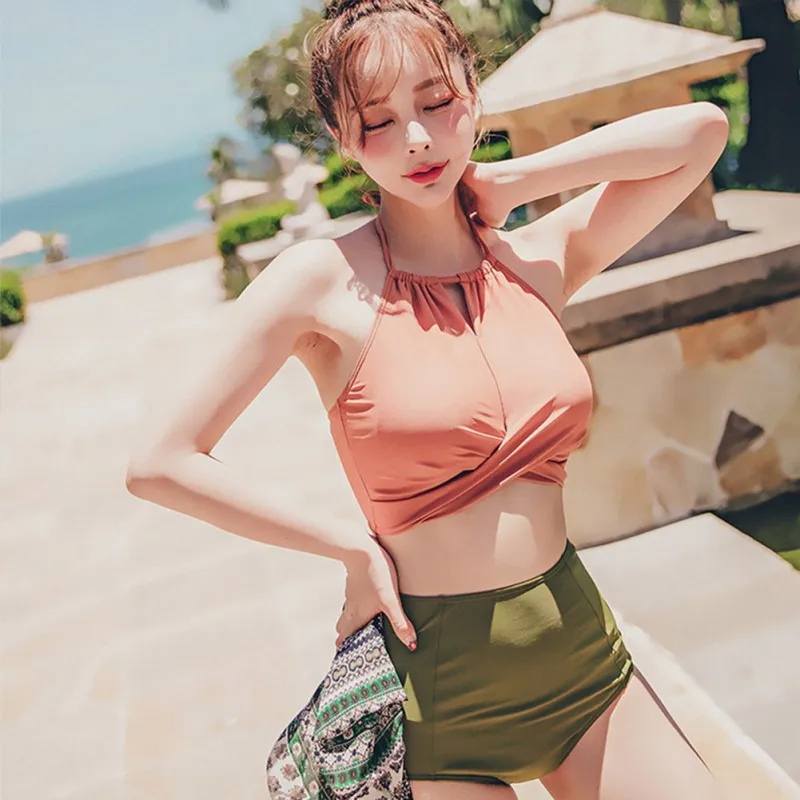 

Women Sexy Sweet Solid Color Simple High Waist Halter Cross Strap Bandage Split Bikini Set Swimsuit