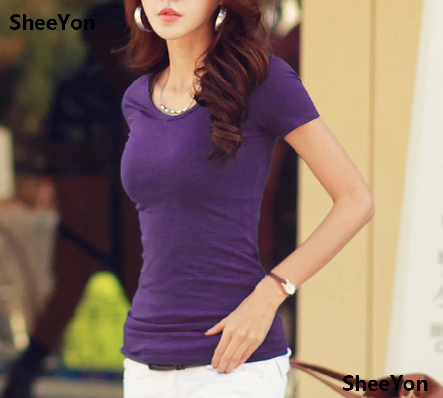Sheeyon женские летние новые эластичные с короткими рукавами футболки Топы M L XL XXL 3XL