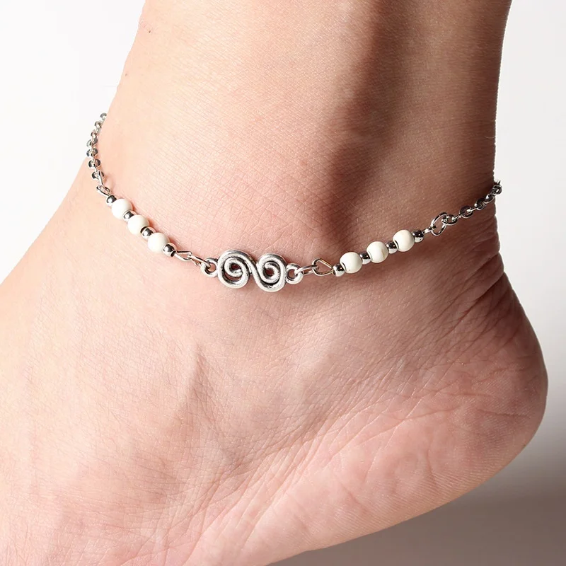 Bohemian Natural Turquoises Beaded Anklets Spiral Alloy Guru Anklet Chain Bracelets for Women Girls