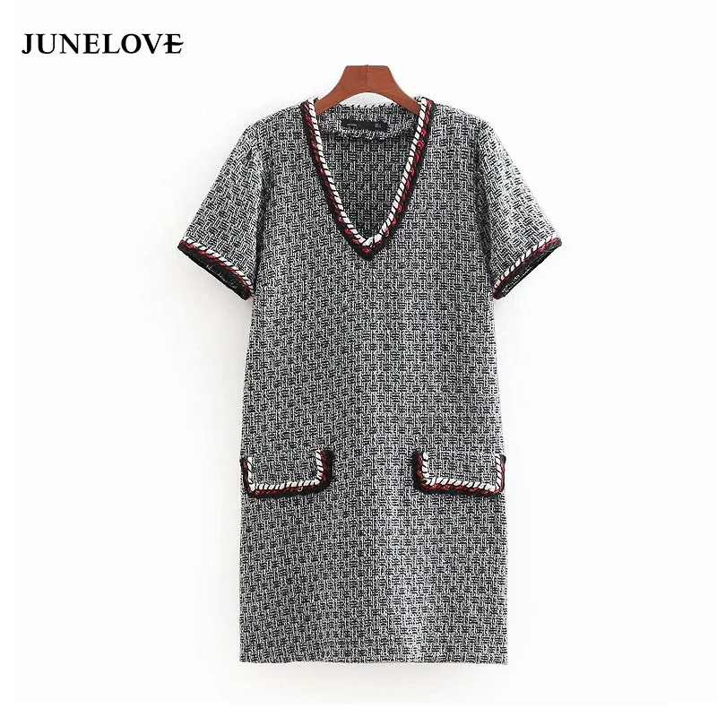 

2019 autumn vintage v neck ribbon decoration tweed woolen straight mini women dress elegant chic vestidos casual slim dress