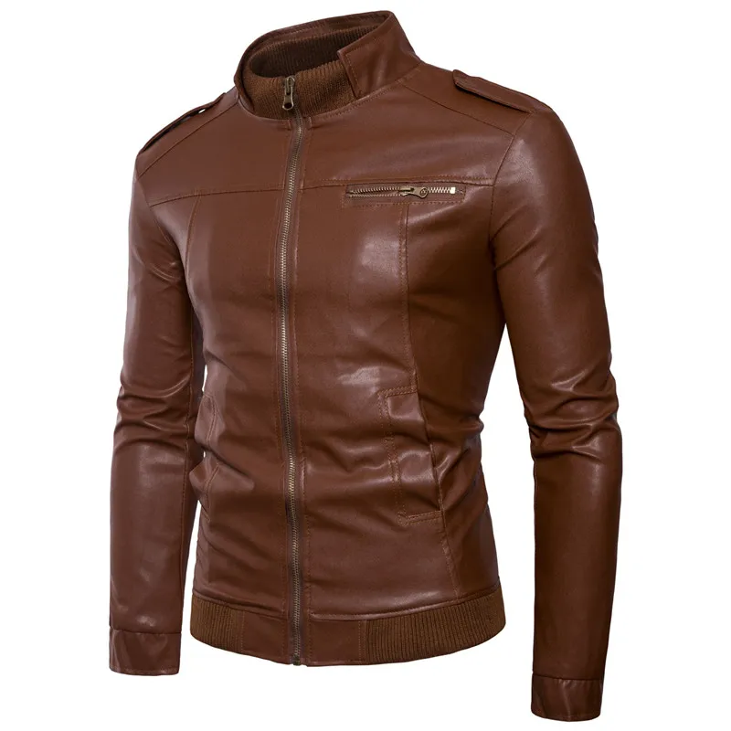  Leather jacket men's fashion horizontal zipper short slim leather jacket men's stand collar casual 
