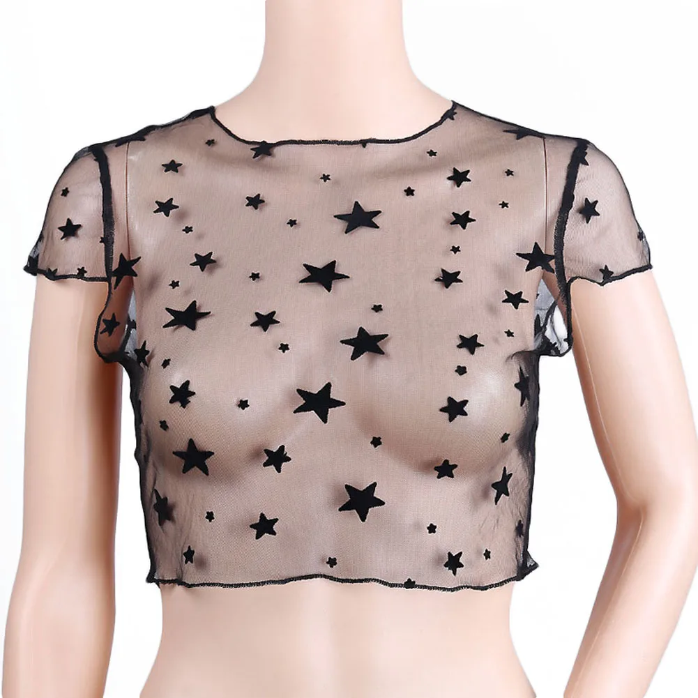 

Fashion Fashion Summer Women Sexy T-shirt Short Sleeve High Neck Stars Embroidery Mesh Perspective Lady Crop Tops HSJ88