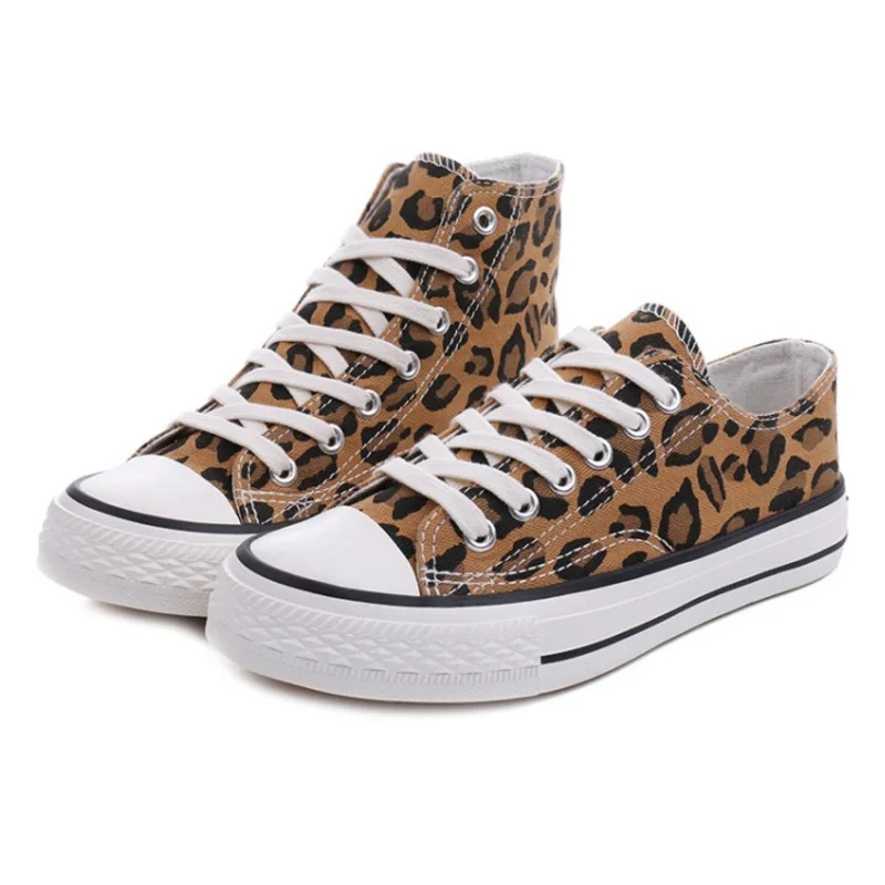 SJJH Women Canvas Leopard Sneakers High Low Top Comfortable Shoes Vulcanize Flats Casual Chaussure Lace-up Ladies Footwear D004