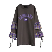 Новинка осени тайский уличный бренд письмо Отпечатано плед кружевные рукава свободные длинные раздел футболка Круглый воротник студентов street