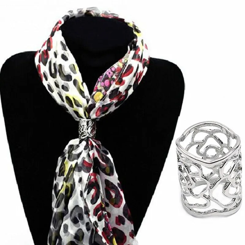 Hollow Rose Silver Metallic Silk Scarves Clip Scarf Ring Chiffon Buckle