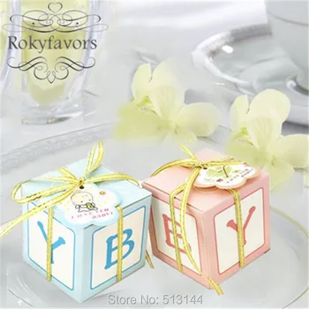 

Free Shipping 100PCS Letter Baby Favor Boxes Baby Shower Ideas Candy Boxes with Ribbon n Tag Party Supplies Birthday Decoration