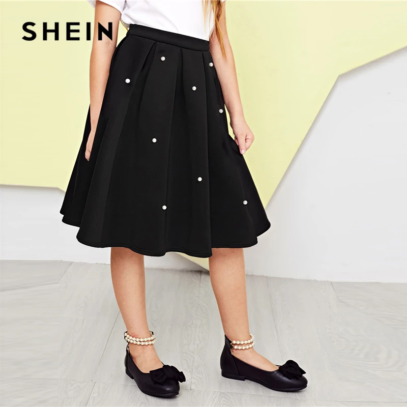 SHEIN Kiddie Girl Black Pearl Embellished Box плиссированная повседневная юбка Весенняя Корейская Юбка До Колена С Бисером Милые детские юбки