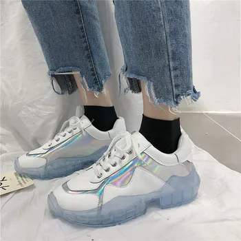 

Women Sneskers Transparent Harajuku Ladies Platform Jelly Shoes Laser Casual Shoes Shining Running Footwear Wave Sports M3-03