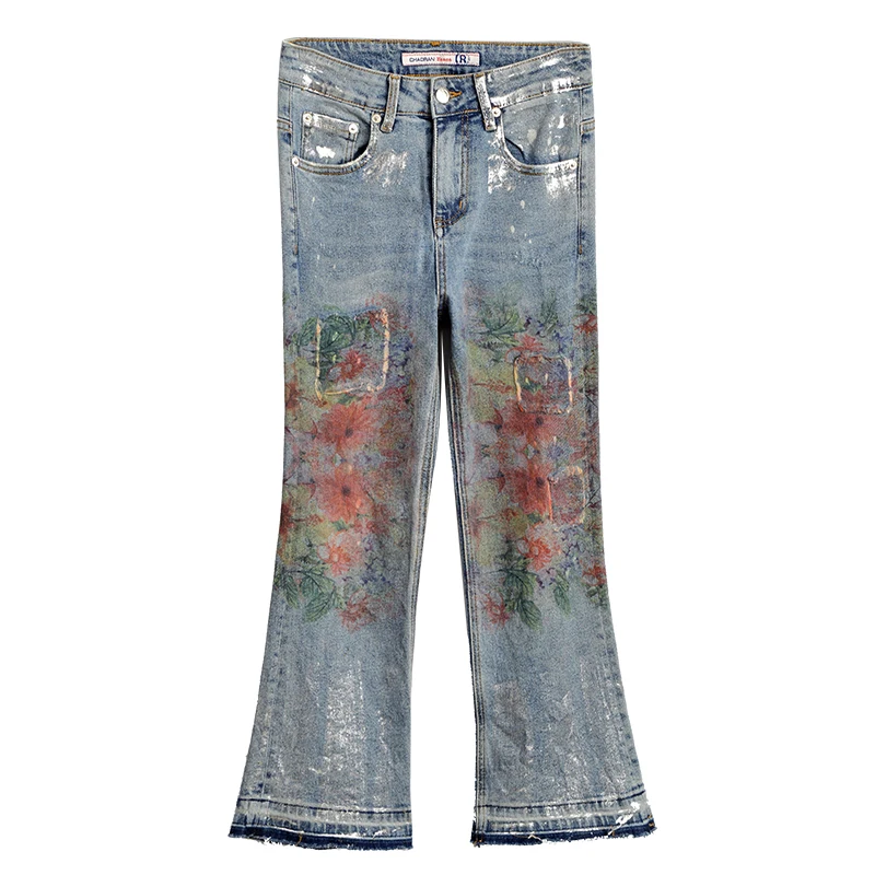 Spring Autumn Vintage Casual Women Ripped Printed Floral