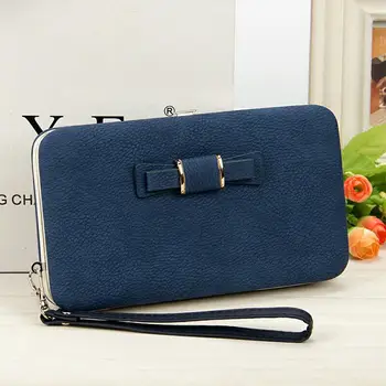 

Women's Credit Card Holder Cellphone Clutch Bag Handbag Soft PU Solid Color Bowknot Zipper Wallet with Portable Wrist Strap