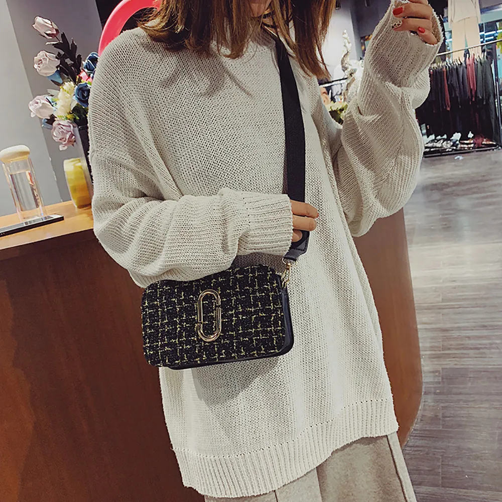 

Women Woolen Plaid Small Square Bag Wide Shoulder Strap Wild Messenger Bag Borsa A Tracolla Da Donna #LL