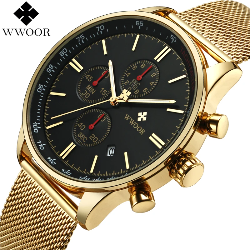 

WWOOR Top Brand Luxury Men's Chronograph Quartz Watch Men Waterproof Gold Stainless Steel Military Sport Wrist Watch Male Clock