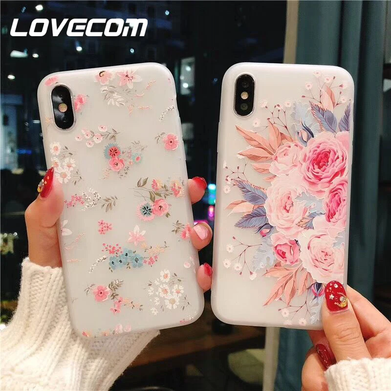 

LOVECOM Flower Silicon Phone Case For iPhone 7 8 Plus XS Max XR Embossed Rose Floral Cases For iPhone XS Soft TPU Cherry Cover