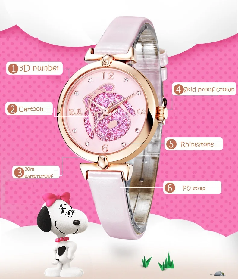 Топ бренд SNOOPY часы женские часы 30 м водонепроницаемые Роскошные повседневные часы для девочек романтические кожаные часы Relogio Faminino bew020ec
