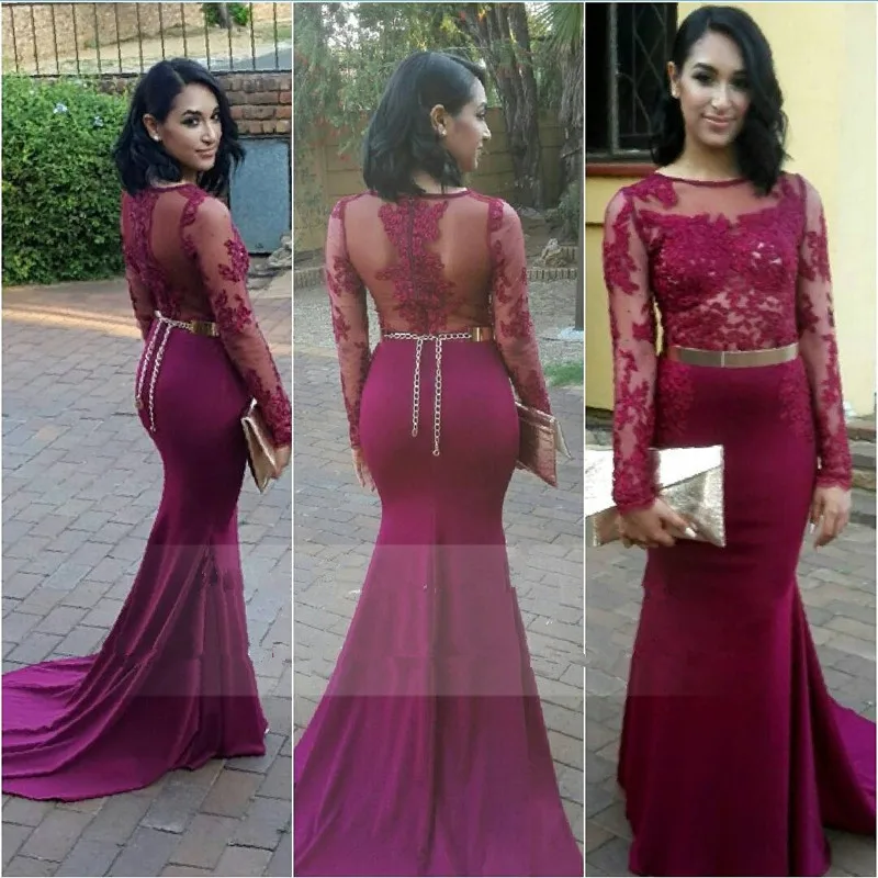 Burgundy Afrcian Black Girl Mermaid Evening Dress Sheer O