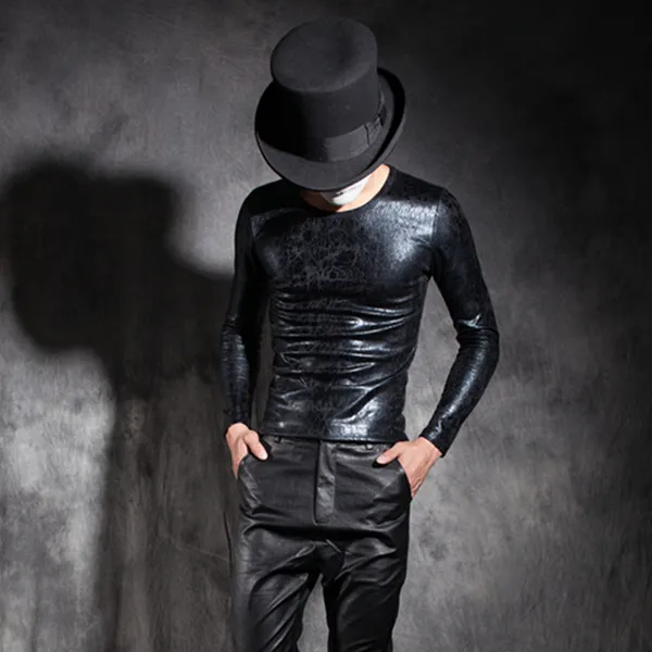 

2017 Male long-sleeve T-shirt personalized cracked skin tight fitting basic shirt punk slim t men's clothing singer costumes