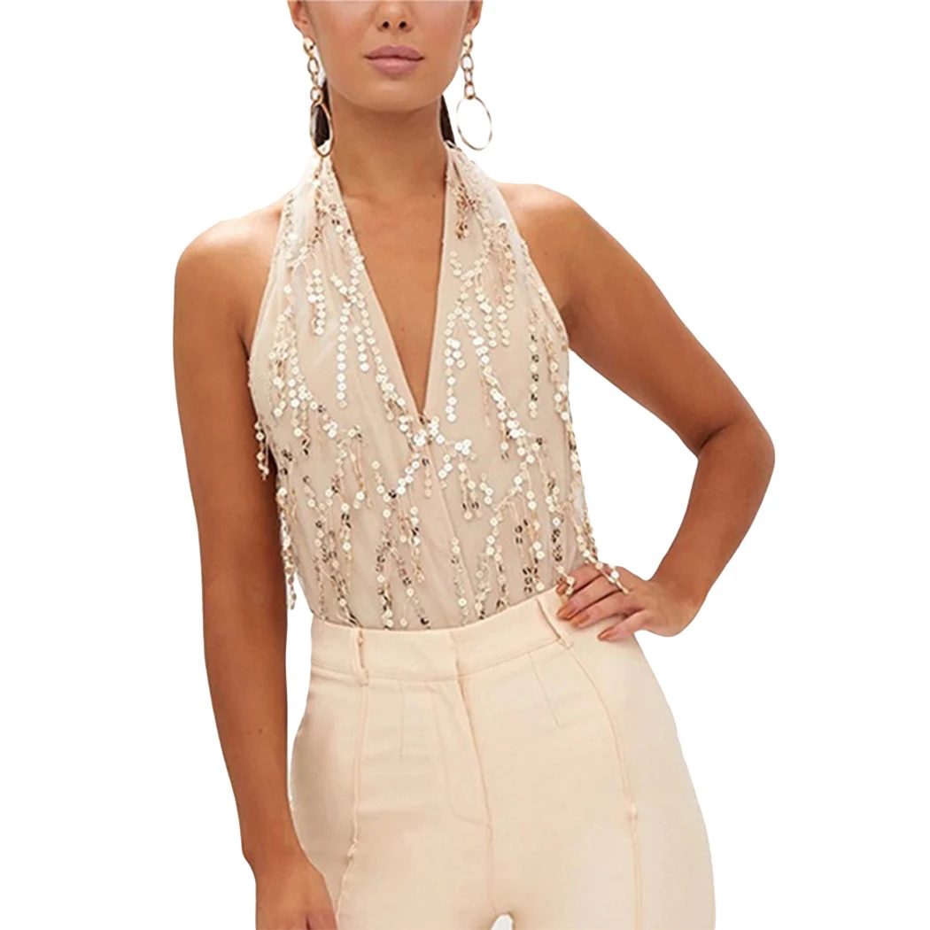 Sexy Backless Sequined Bodysuit Women Halter Deep V Neck Sleeveless