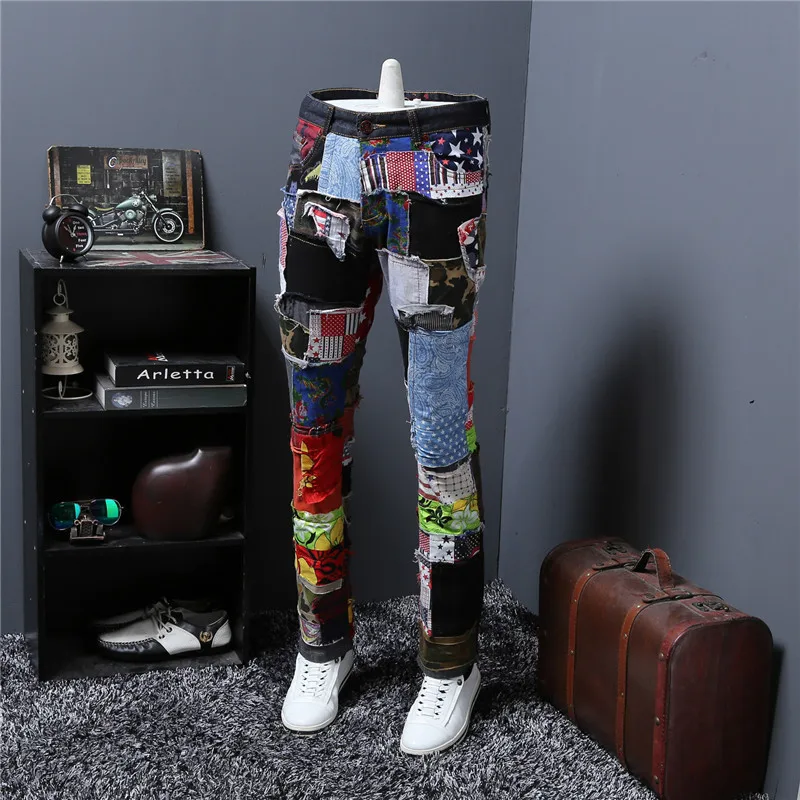 

New Personality Colored Patchwork Men Jeans Fashion Brand Scratched Jeans Hip Hop Rap Punk Denim Straight Slim Fit Casual Pants