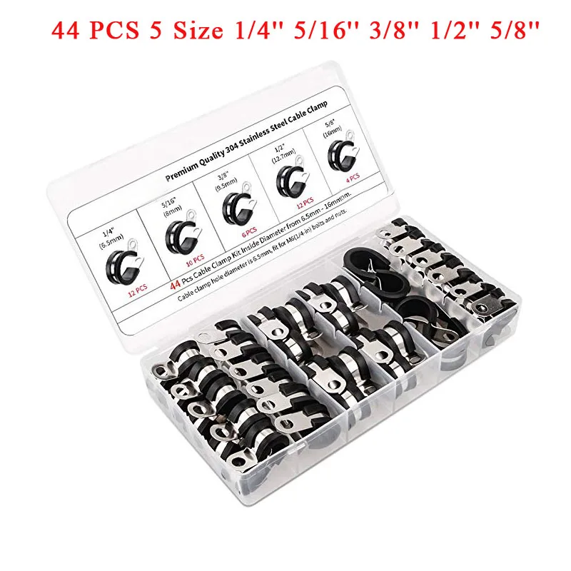 53Pcs Cable Clamps Assortment Kit 304 Stainless Steel Rubber Cushion Pipe Clamp 