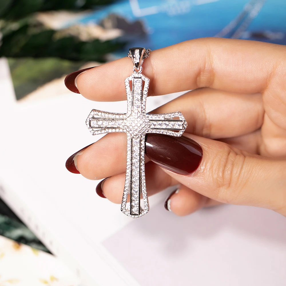 New 925 Silver Exquisite Bible Jesus Cross Pendant Necklace for women men Crucifix Charm Simulated Platinum Diamond Jewelry N021