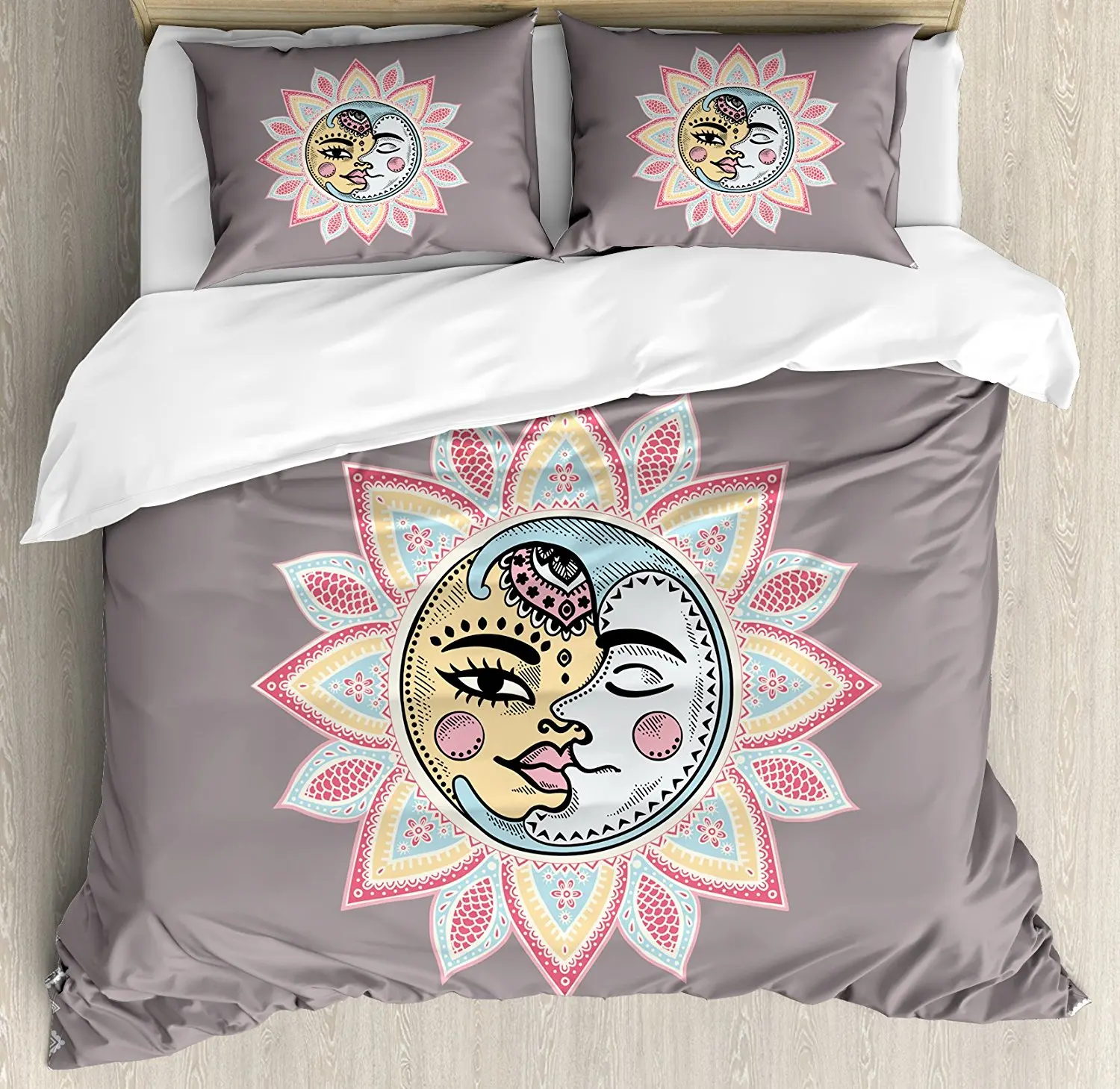 Sun Duvet Cover Set and Moon with Faces Abstract Floral Pattern Foliage Leaves Design Ethnic 4 Piece Bedding | Дом и сад