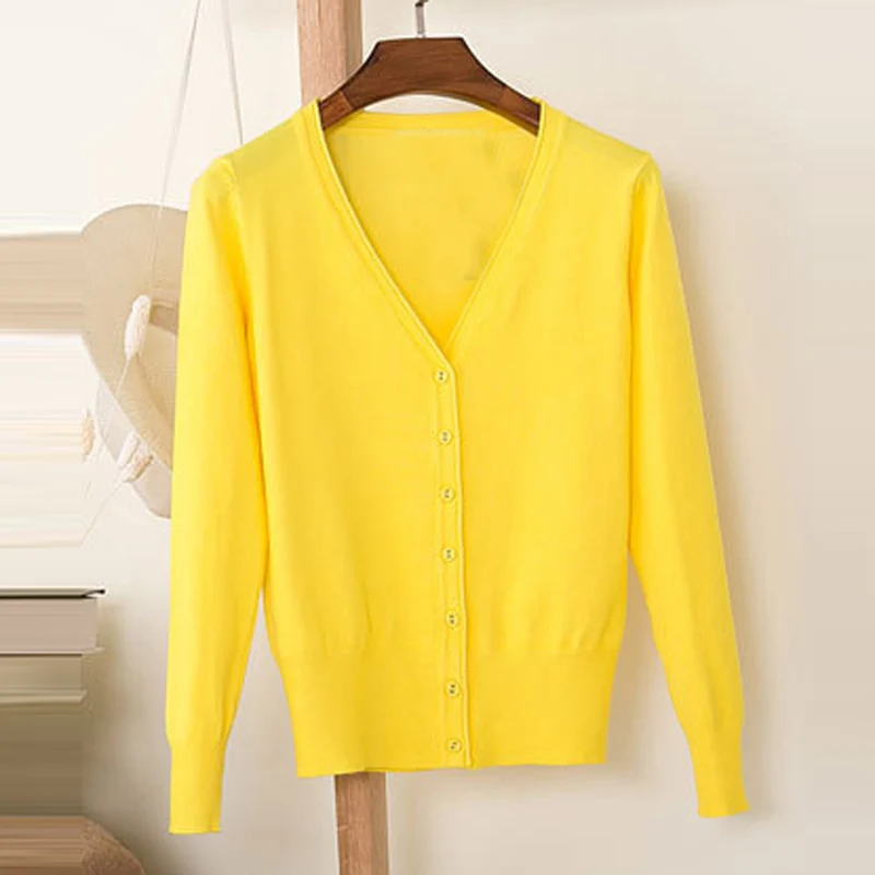 Осенний женский свободный свитер ярких цветов с v-образным вырезом и длинным рукавом, короткий свитер, рубашка, женский весенний тонкий вязаный кардиган K176 - Цвет: Bright yellow