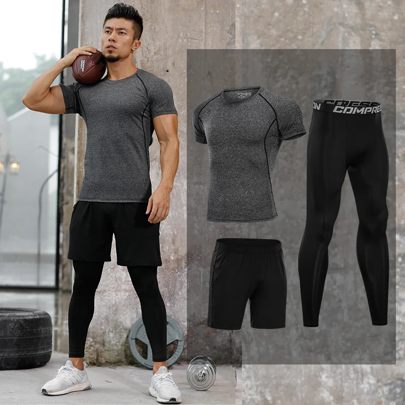 Men's Workout Tights Quick Dry Compression Runnning Sport Suits Basketball Clothes Gym Fitness Exercise Jogging Sportswear Sets