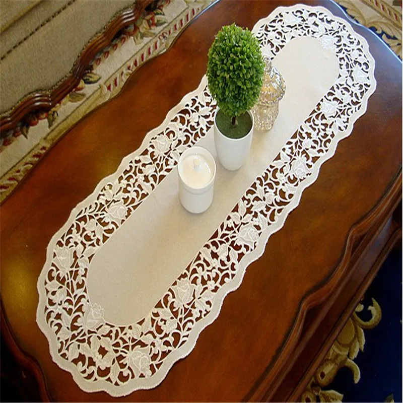 

Free Shipping polyester hollow embroidery jacquar tablecloth Cup Mat Table Cover Table Runner placemat for wedding Sand Colour