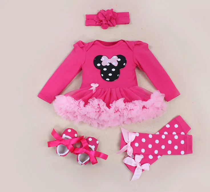 Newest 2017 Newborn Baby Clothing Girl Cartoon Rompers Tutu Skirt+Headband+Shoes+Socks Kids Cotton Clothes 1st Birthday Gift
