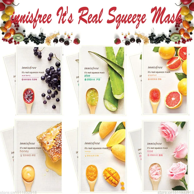 

6PCS/Lot It's Real Squeeze Mask Moisturizing Sheet Mask Anti-Aging Smooth Skin Innisfree Korea Cosmetics Facial Mask