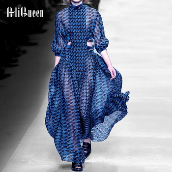 

Runway Dress 2019 Summer Women Dress Elegant Lady Sexy Waist Fresh Print Pleated Dress Long Dress Fashion Party Dress Vestiods