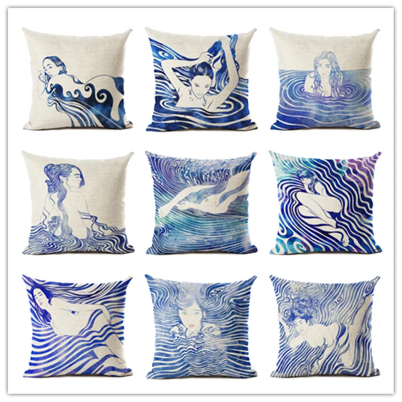 New-Arrival-Fashion-Cartoon-Woman-At-Sea-Cotton-Linen-Cushion-Cover-Print-Fundas-Throw-Pillow-Chair