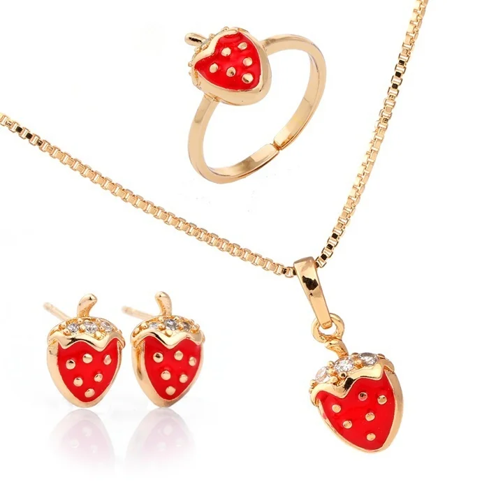 

Red Strawberry Yellow Gold Color Pendant Necklace and Earrings Ring Smalle Fruit Jewellery Sets For Girls Children Kids