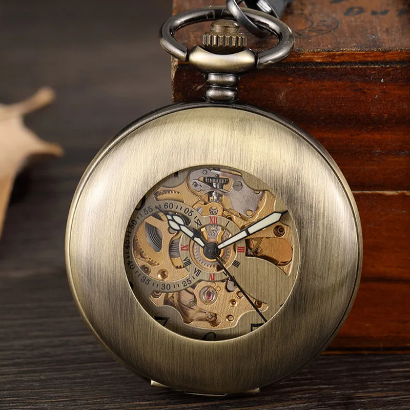 Винтажные бронзовые Механические карманные часы со скелетом, мужские Подвесные часы с цепочкой и арабскими цифрами